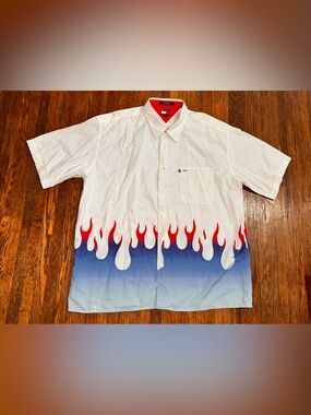 Vintage Y2K Tommy Jeans Red White Blue Flame Button Up Shirt